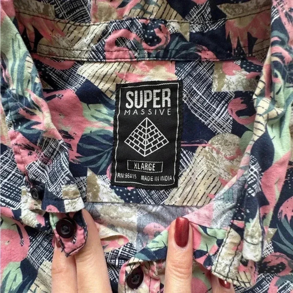 SUPER MASSIVE Men’s Lagoon Print Set Button-down Size XL Tropical Luau N207 - Picture 5 of 7